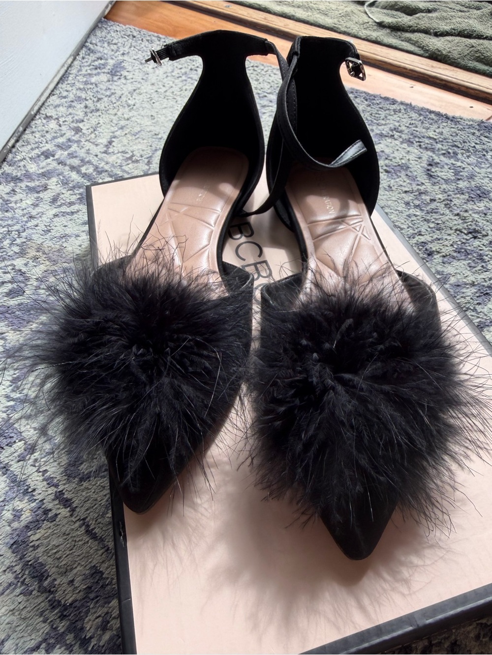 BCBGeneration Black Feather Pom Pointed Ankle Strap Heels